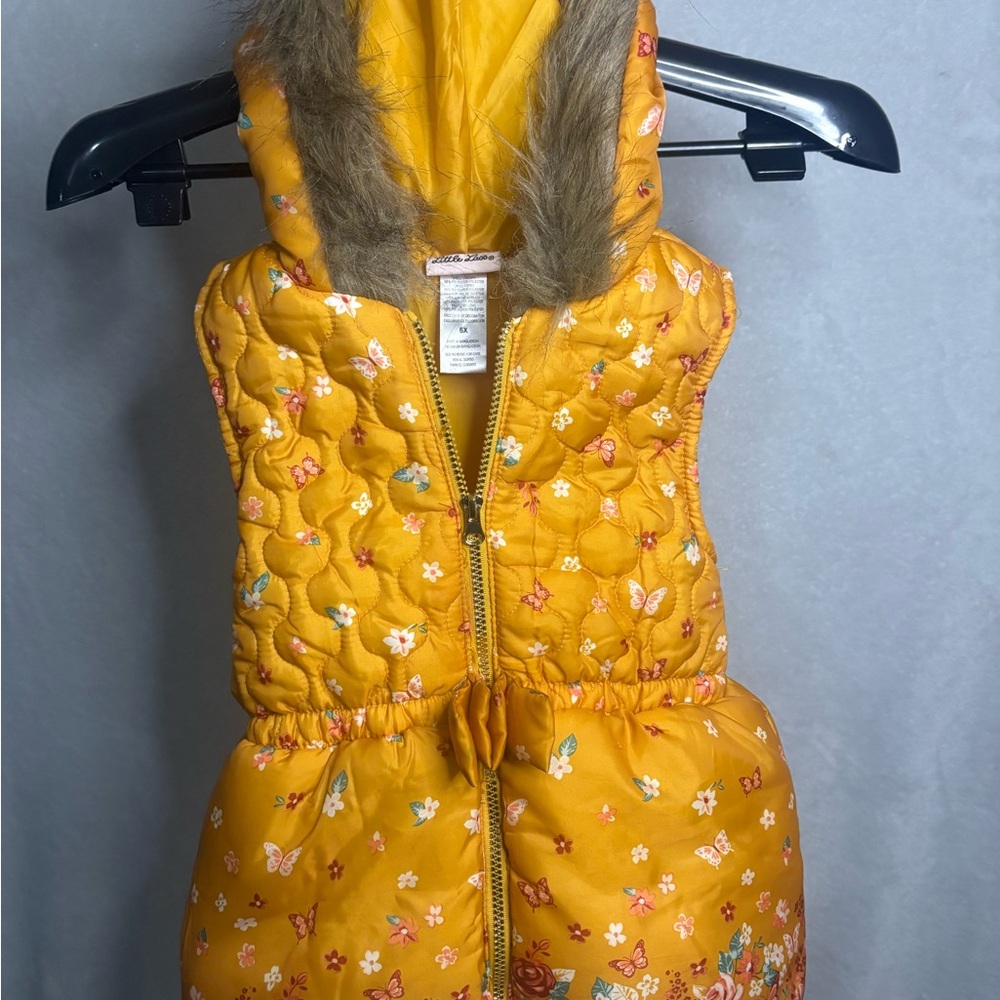 Little Lass Yellow Quilted Floral Hooded Puffer Vest with Faux Fur Trim